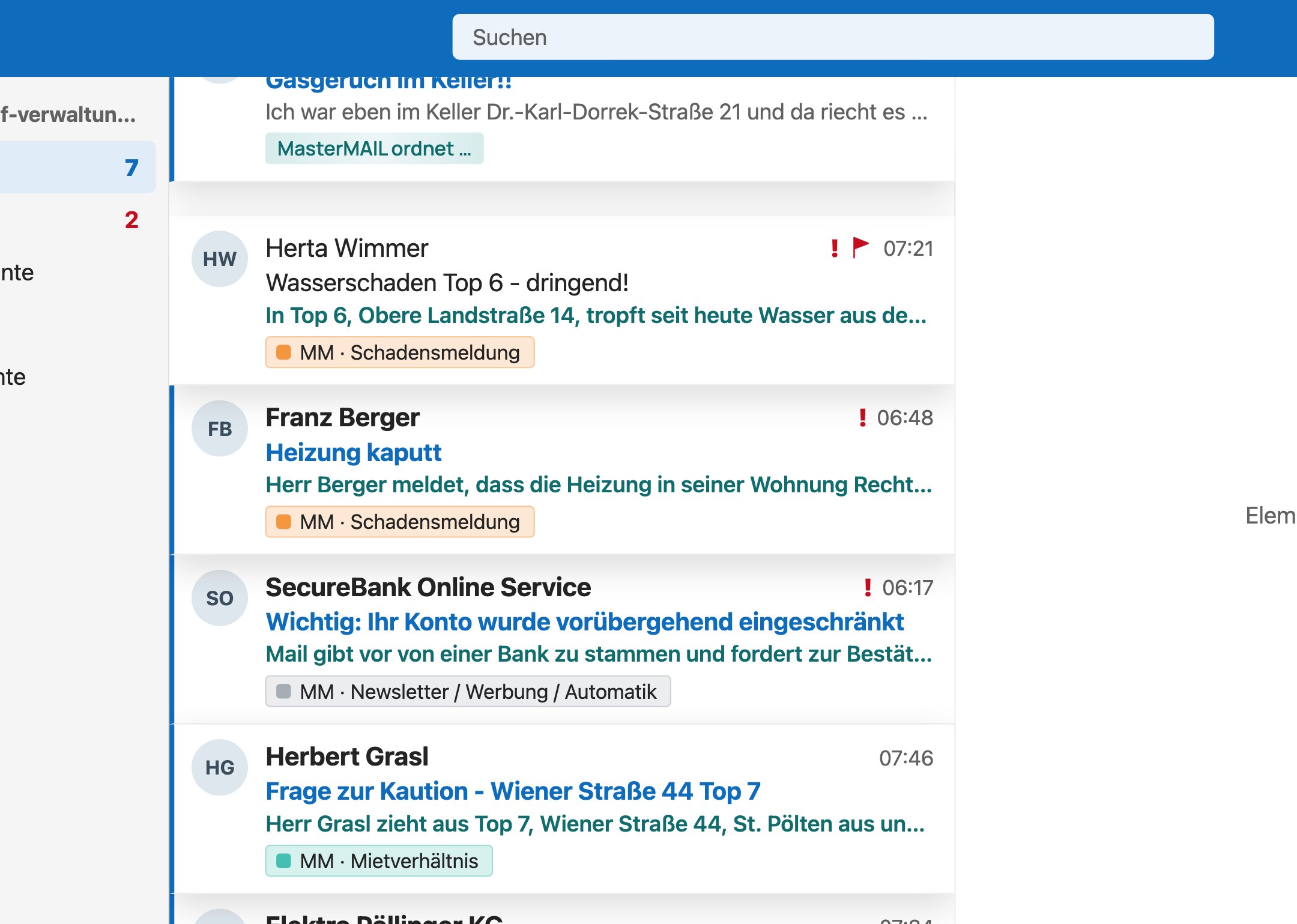 Posteingang mit den Kategorien von MasterMAIL: Schadensmeldung, Mietverhältnis, Werbung