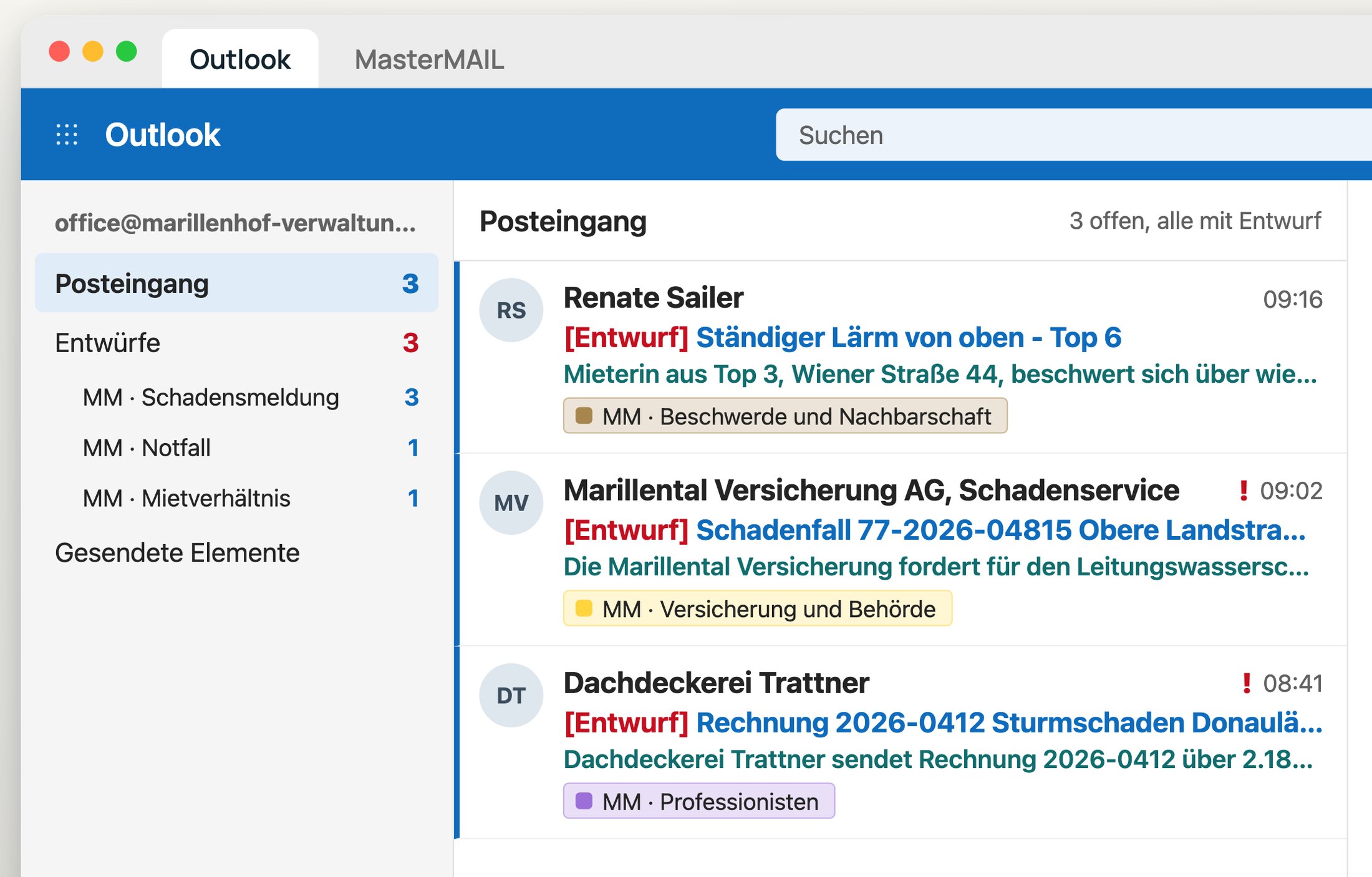 Aufgeräumter Posteingang, in dem nur Offenes bleibt, jede Mail mit fertigem Entwurf