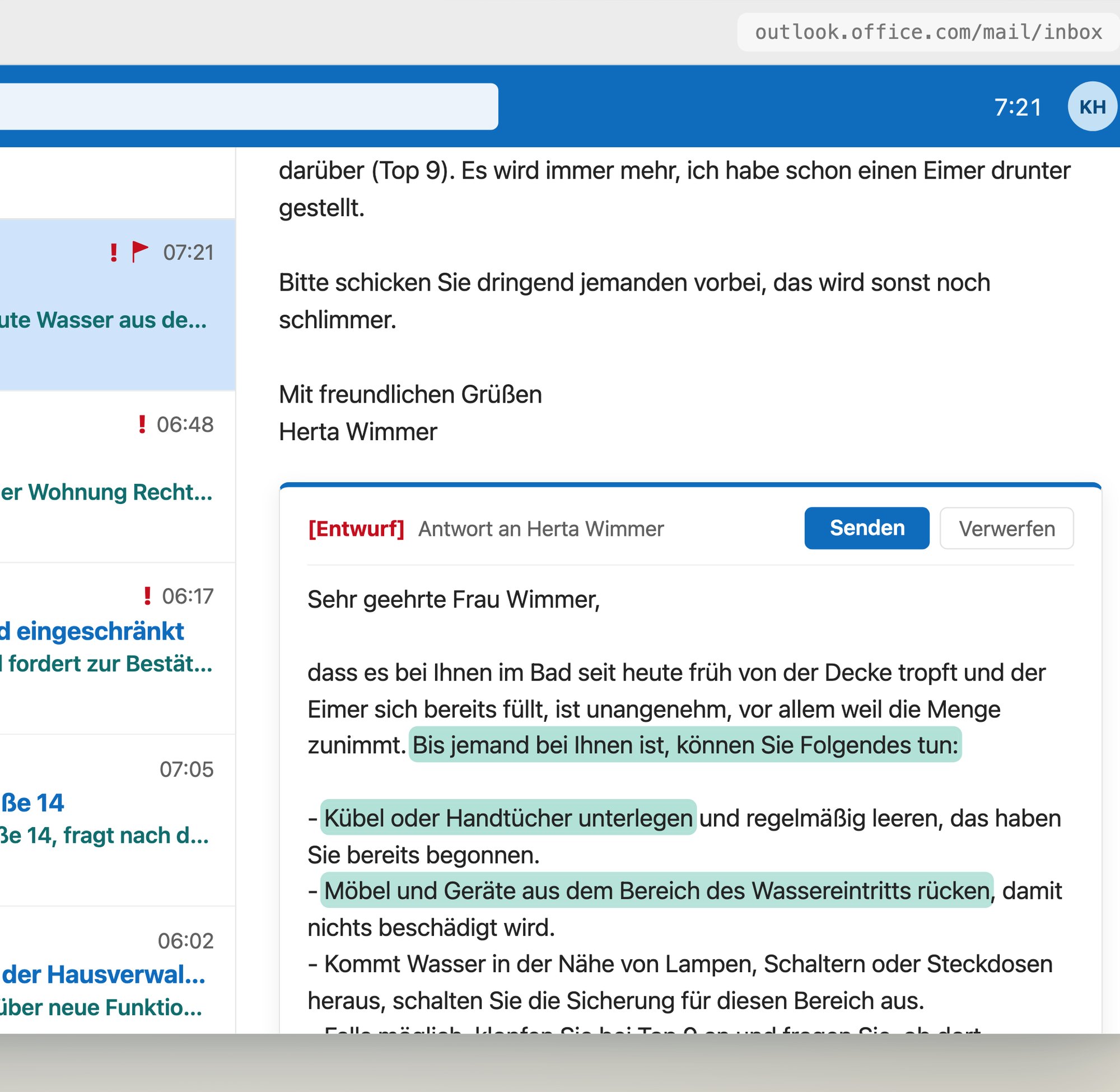 Antwortentwurf mit den Schritten, die die Mieterin sofort tun kann