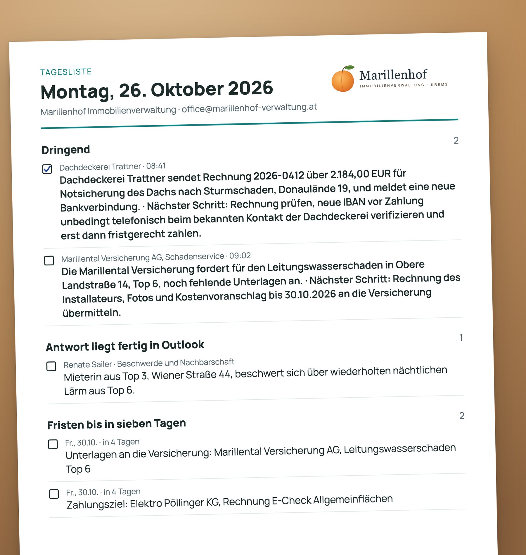 Die Tagesliste von MasterMAIL ausgedruckt auf dem Schreibtisch