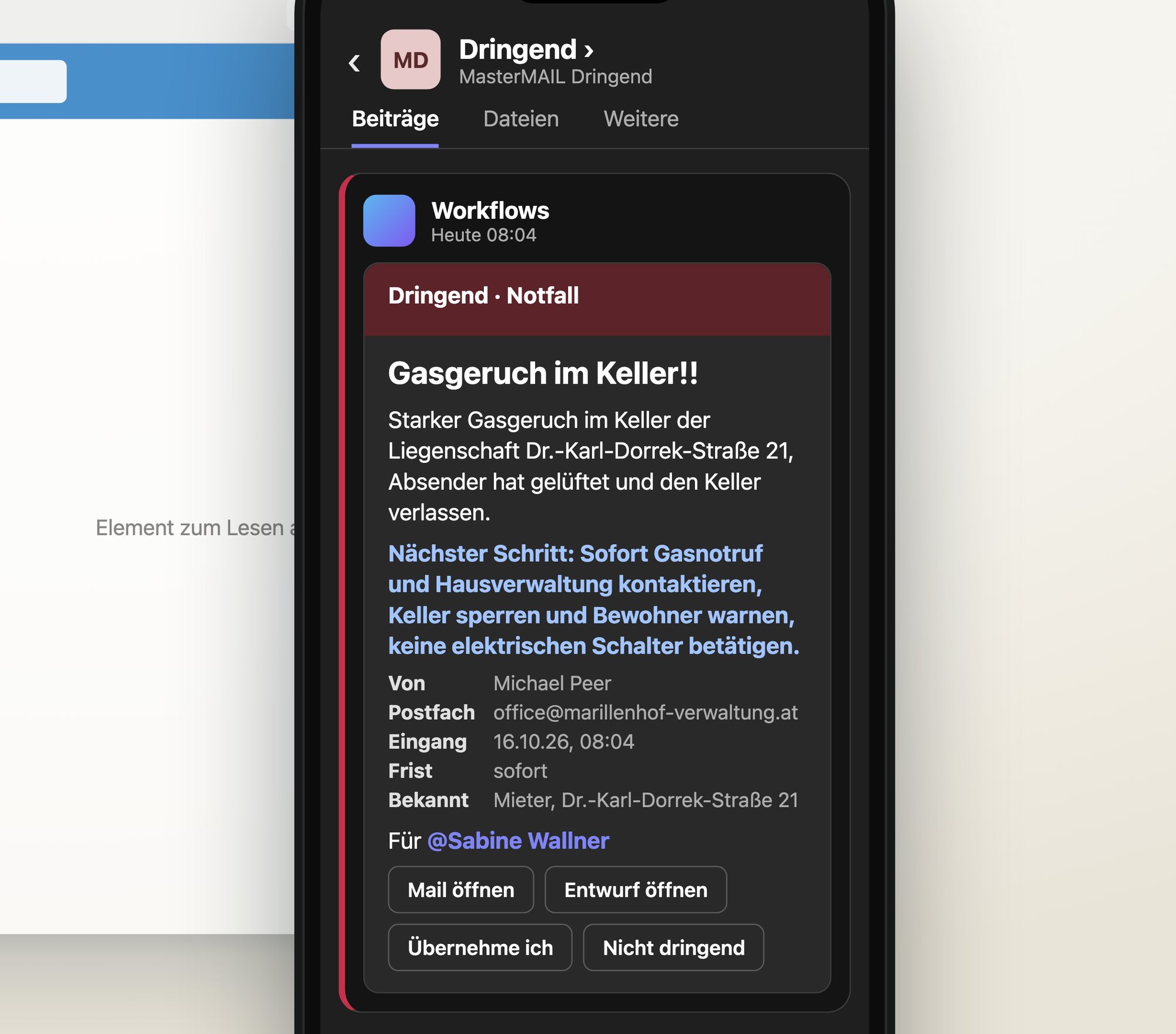 Teams-Karte „Gasgeruch im Keller“ am Handy, mit „Übernehme ich“
